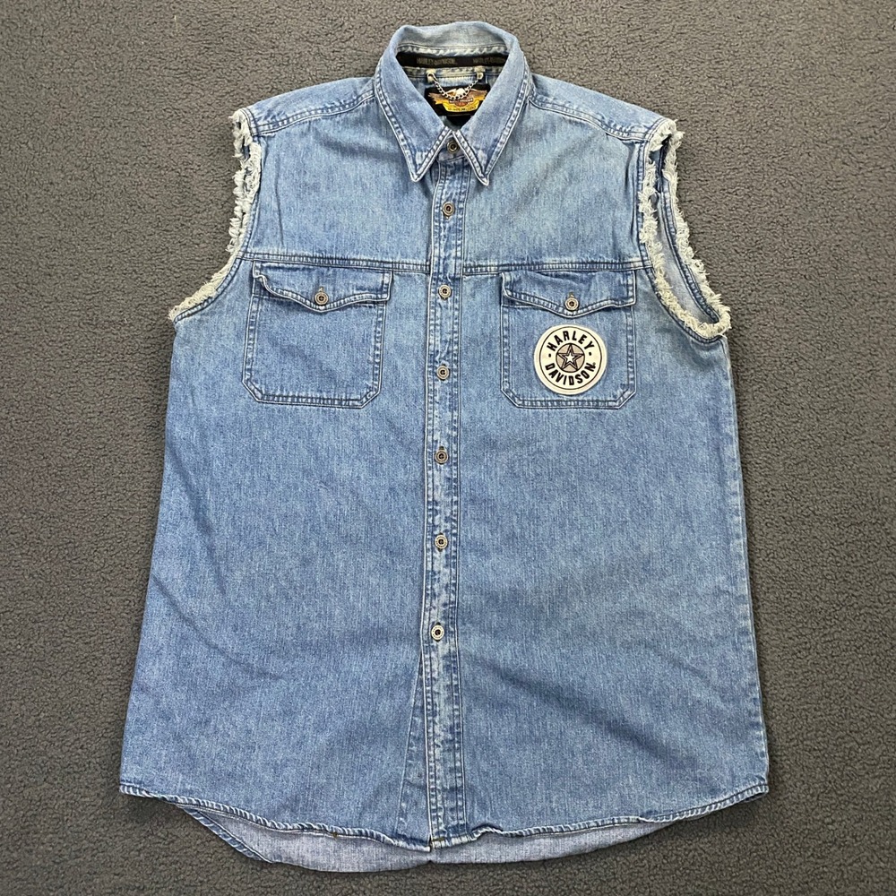 Vintage Harley-Davidson Cut Off Shirt Mens Large Blue Raw Edge Biker Denim Vest